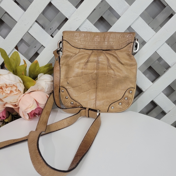 B Makowsky Tan Studded Leather Crossbody Handbag